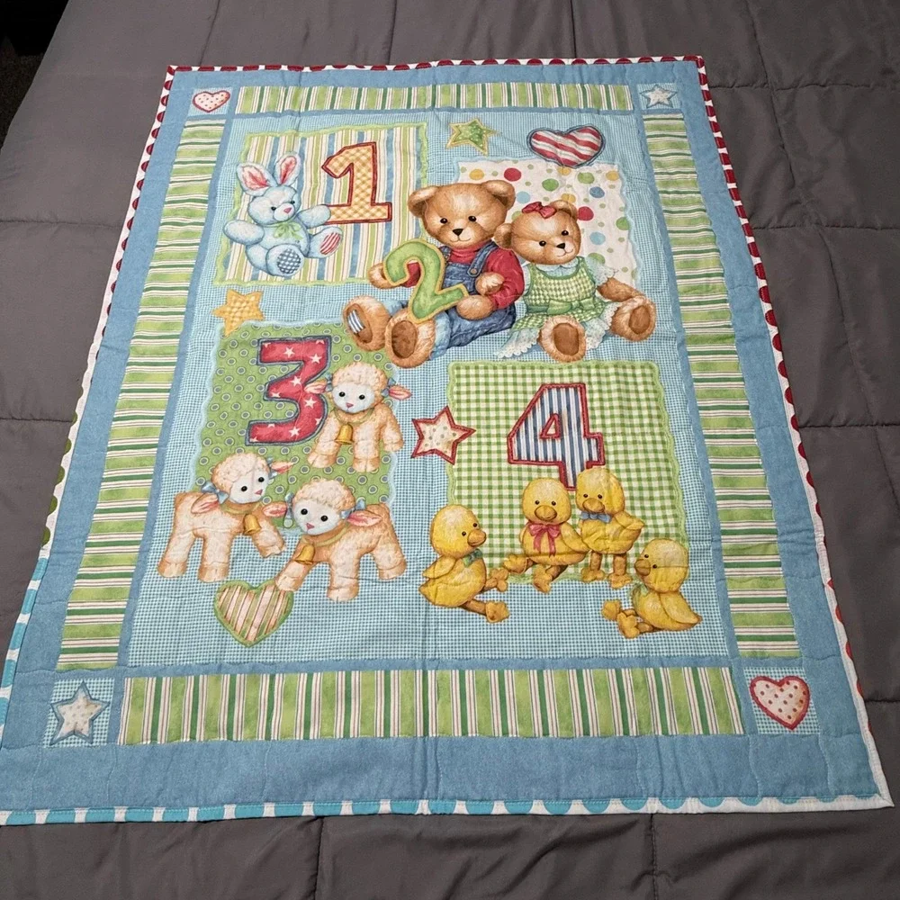 Vintage Daisy Kingdom Blue Jean Teddy Handmade Baby Quilt Nursery Blanket 34x42